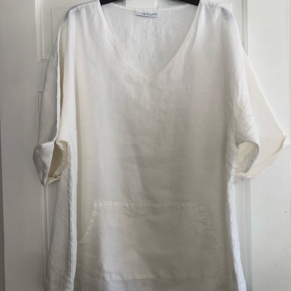 bryn Walker Tops - bryn Walker V-Neck Linen Tunic with Front Kangaroo Pocket